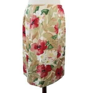 Talbots Cream Red Green Silk Blend Lined Side Zip Floral Skirt Size 8